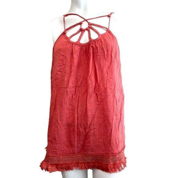 NWT Doe & Rae M Smock Top Sleeveless Pullover Fringe Hem Strappy Peach NWT - Picture 1 of 5